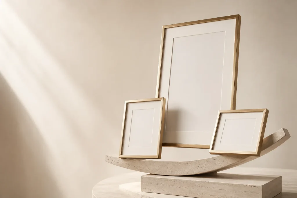 A framed T3 Portraits print showing the timber moulding and cotton mat board